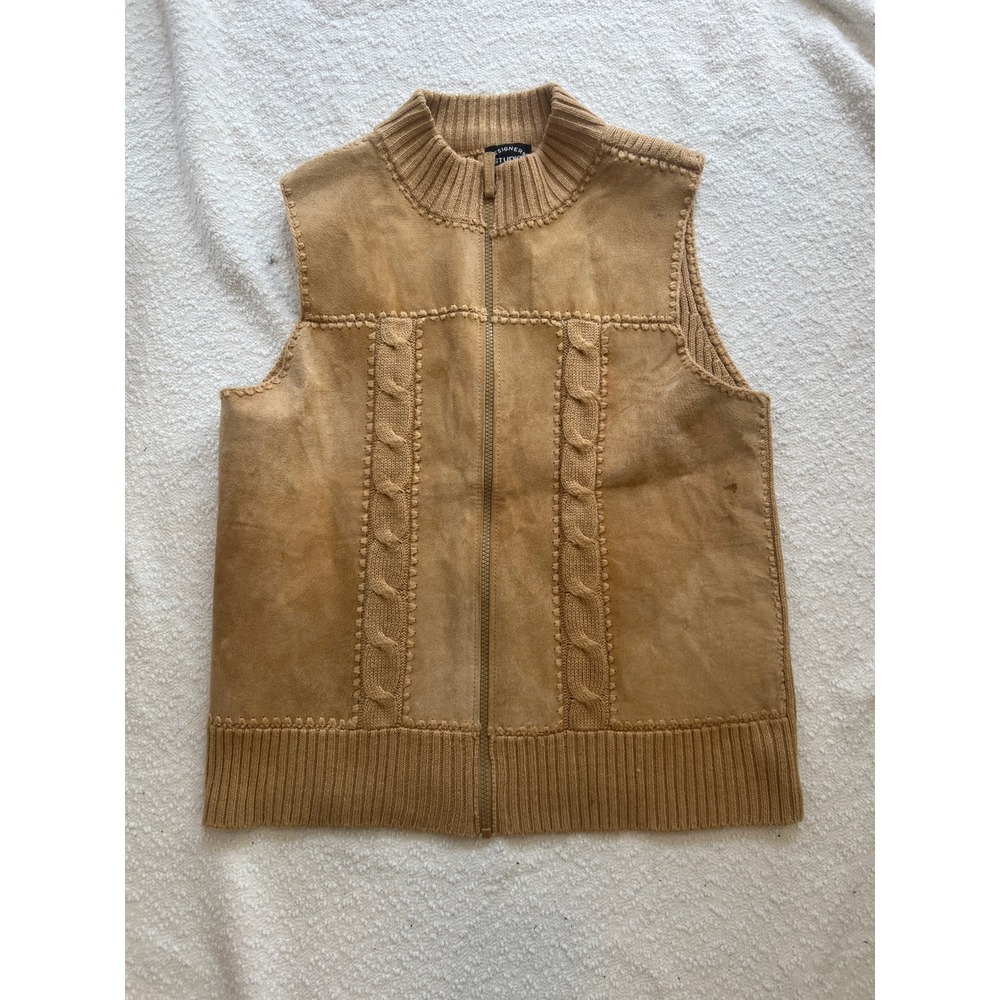 Designers Studio Originals Tan Leather Suede Cable Knit Zip Vest Women Medium